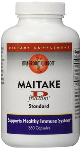 Mushroom Wisdom Maitake D-Fraction 360 capsules bottle, potential immune support.