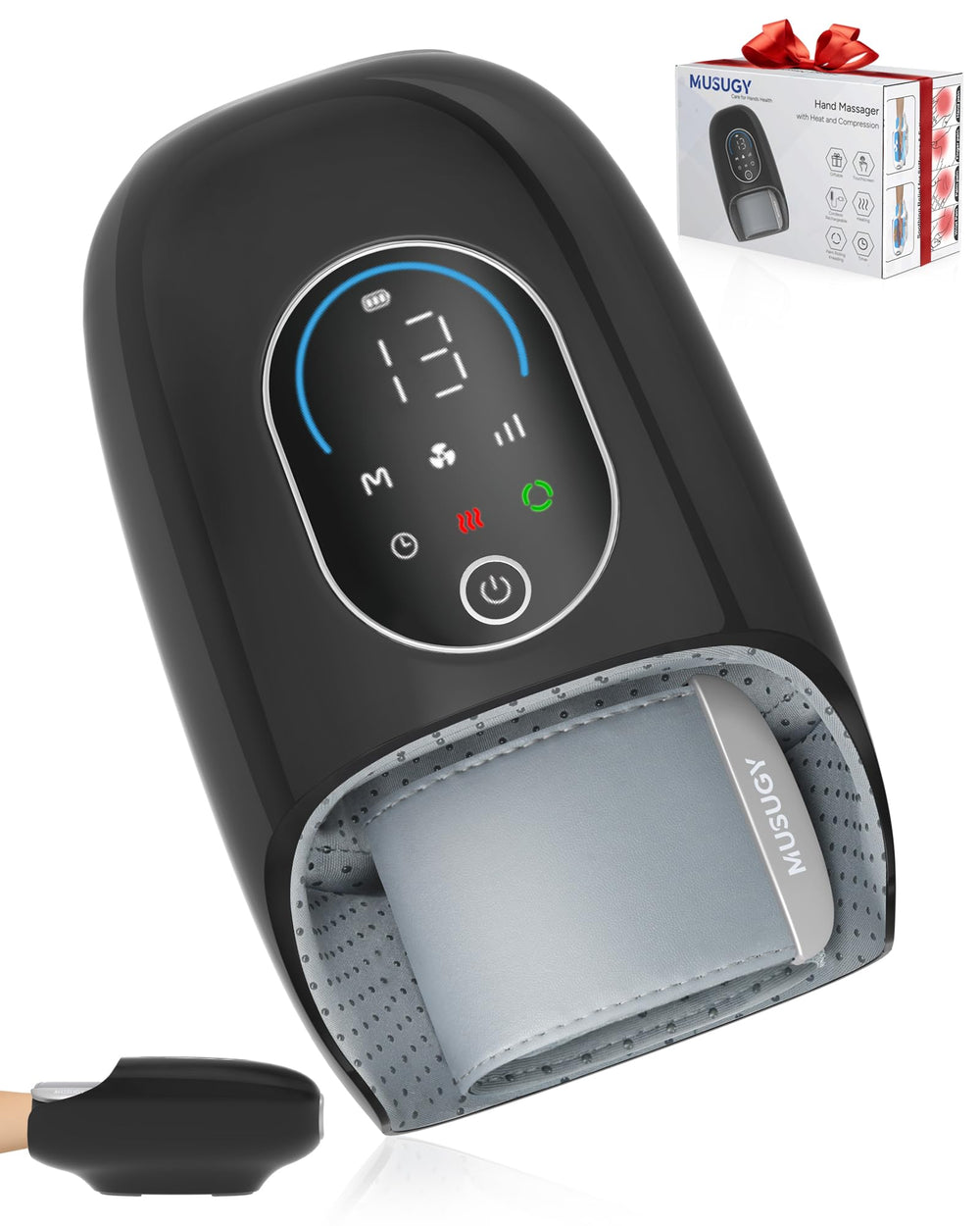 Musugy hand massager front view showing compact desk-friendly design.