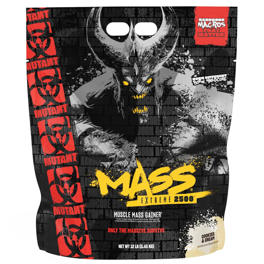 Mutant Mass Extreme Gainer cookies-cream bottle shows dense calories for muscle growth support.