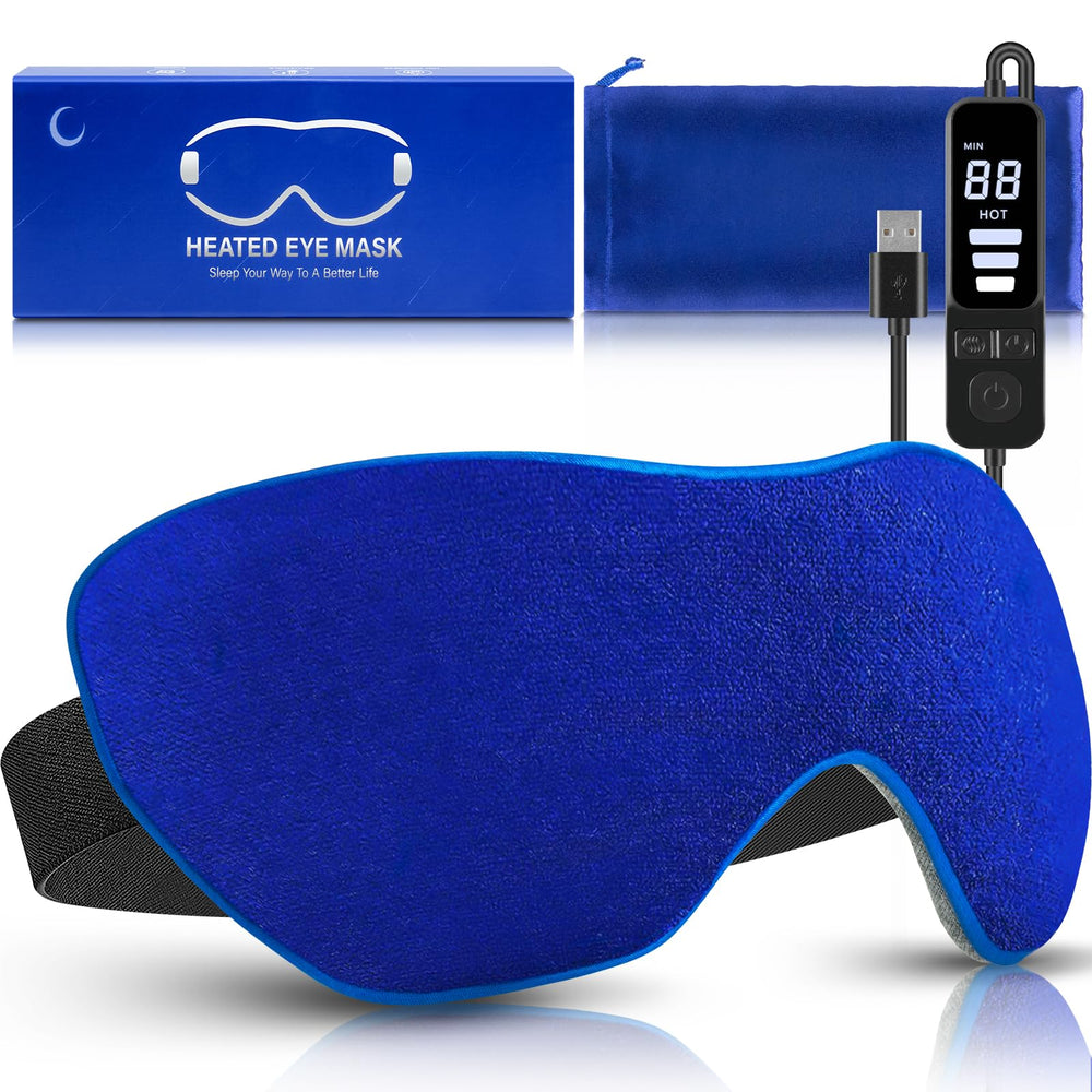 Mutilplx heated eye mask with deep blue cover for restful sleep.
