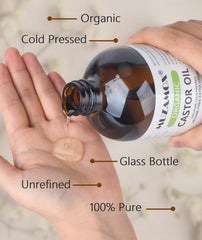 MUZAMOX organic castor oil bottle highlights premium cold-pressed formula.