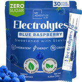 My Adventure to Fit blue raspberry electrolyte packet pour for refreshing, zero-sugar hydration.