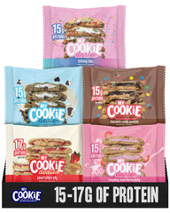 My Cookie Dealer protein cookies variety-pack packaging for travel snacking.