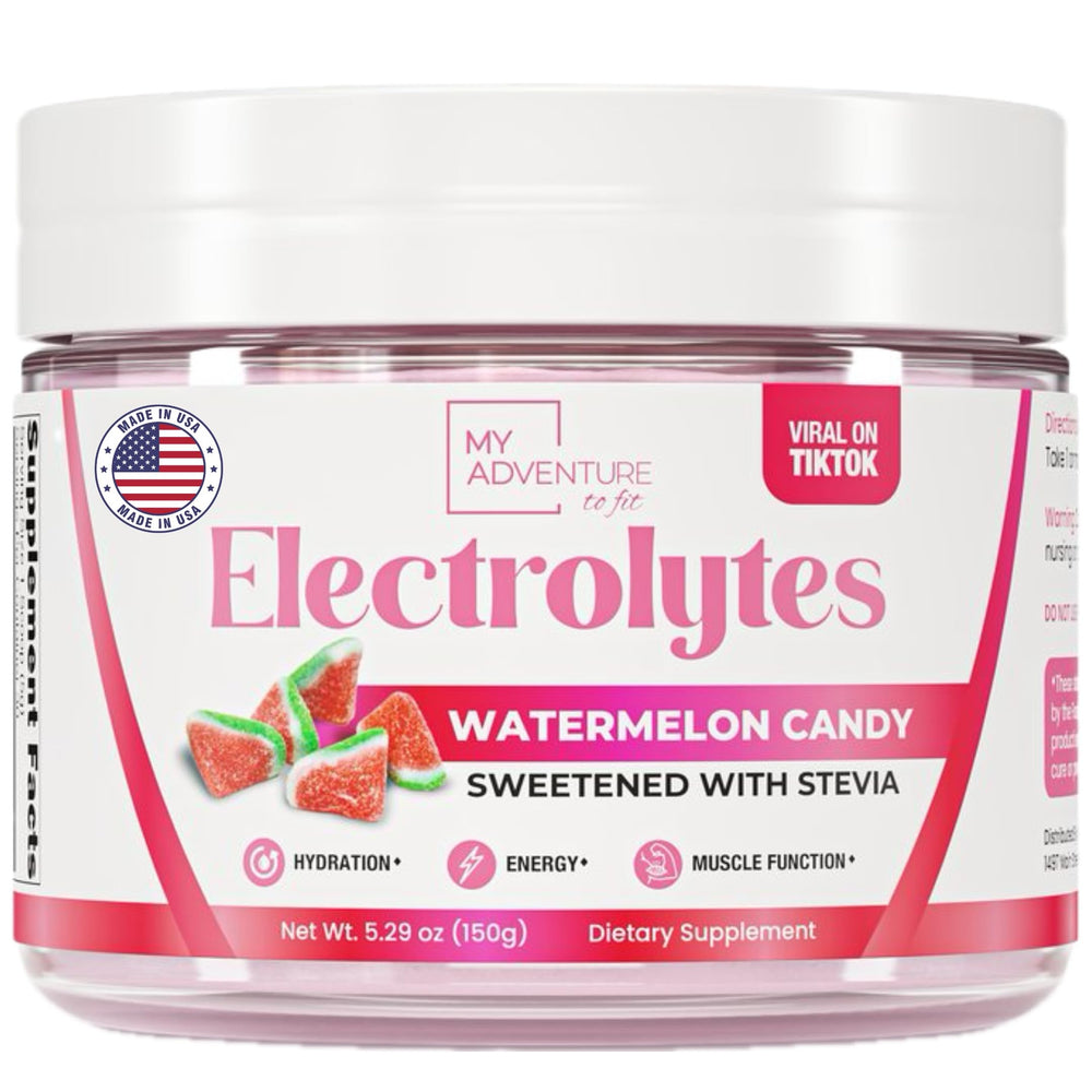 My Adventure to Fit Watermelon Electrolytes packet beside a sports bottle for on-the-go hydration.