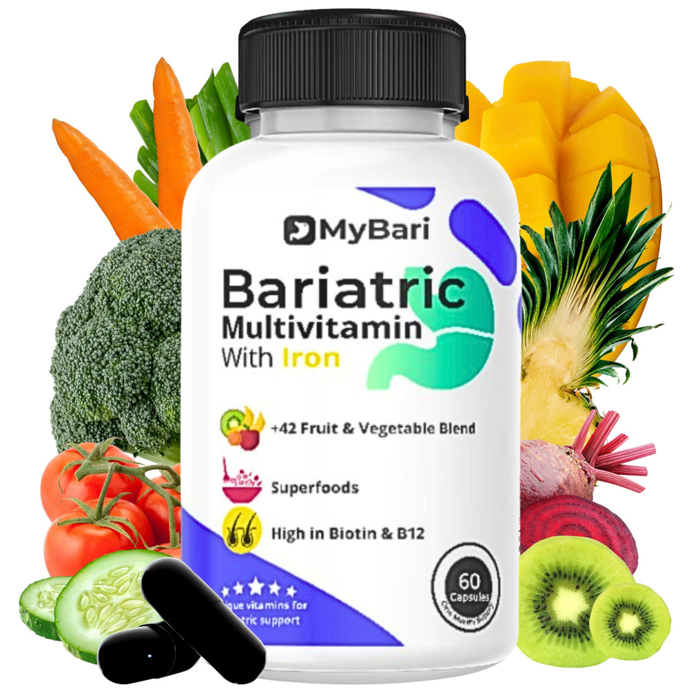 MyBari bariatric multivitamin bottle pouring capsules supports post-surgery nutrition.