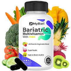 MyBari bariatric multivitamin bottle pouring capsules supports post-surgery nutrition.