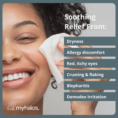 MyHalos eye wipes individually wrapped for convenient eyelid cleansing.