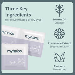 MyHalos tea tree chamomile formula ingredients close-up for gentle eyelid care.