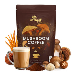 MYKAF Mushroom Coffee canister with six mushrooms for smooth energy.