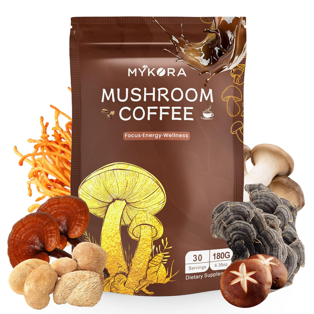 MYKORA Mushroom Coffee powder closeup highlighting organic blend for focused mornings.