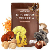 MYKORA Mushroom Coffee powder closeup highlighting organic blend for focused mornings.