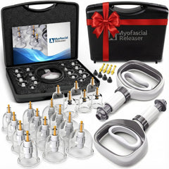 Myofascial Releaser professional cupping set with 18 cups for versatile therapy sessions.