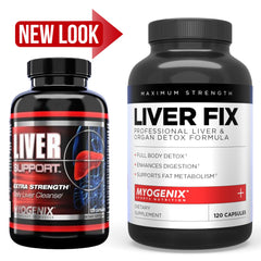 Myogenix Liver Fix bottle front view, highlighting easy-to-swallow capsules for daily liver care.