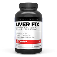 Myogenix Liver Fix capsules close-up, supporting liver antioxidant defense for everyday detox.
