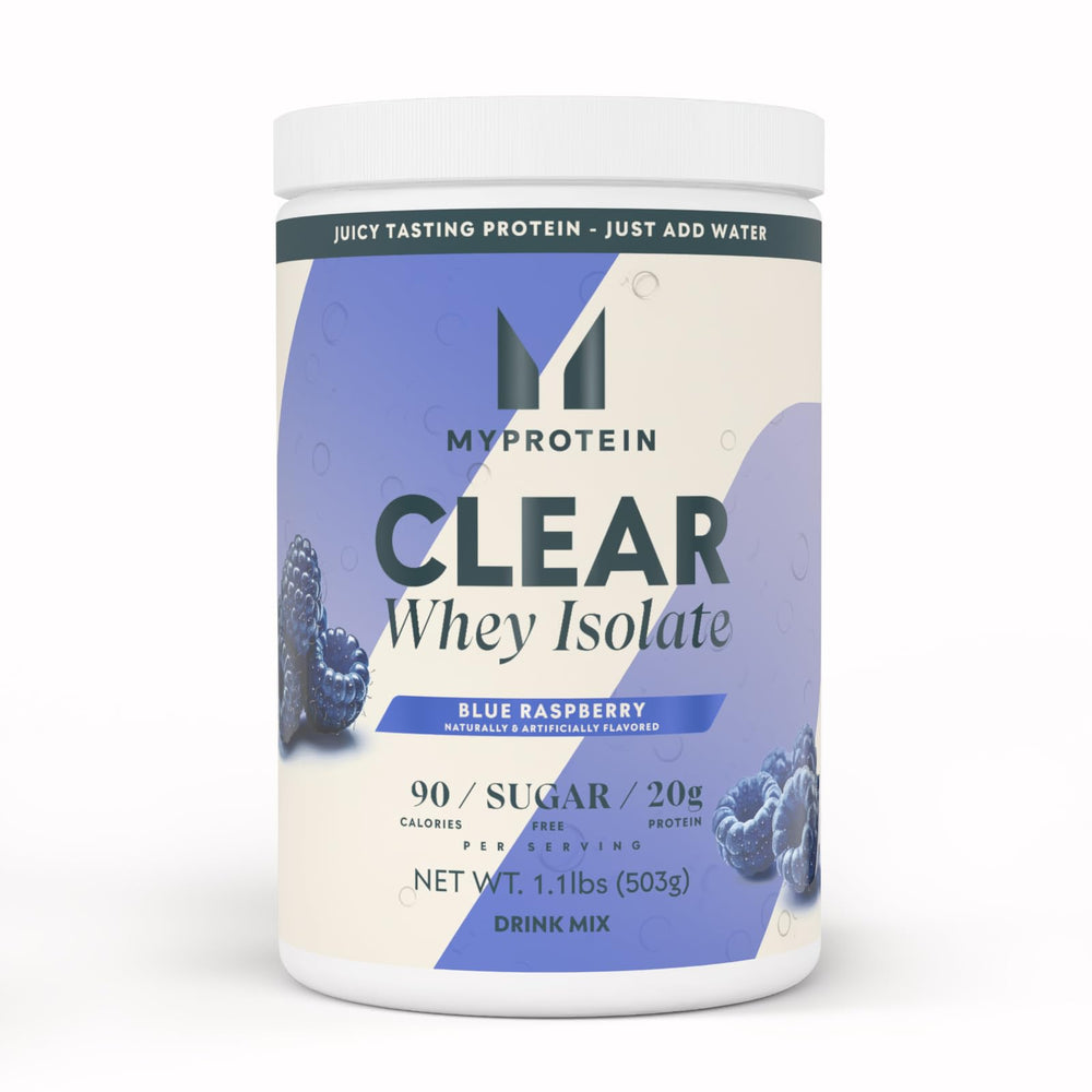 Myprotein Clear Whey Isolate bottle in blue raspberry flavor for refreshing protein.