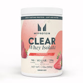 Myprotein Clear Whey Isolate Strawberry bottle highlights a refreshing protein option for workouts