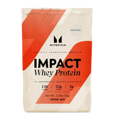 Myprotein Impact Whey Protein Unflavored tub front offers a versatile base for shakes and recipes.