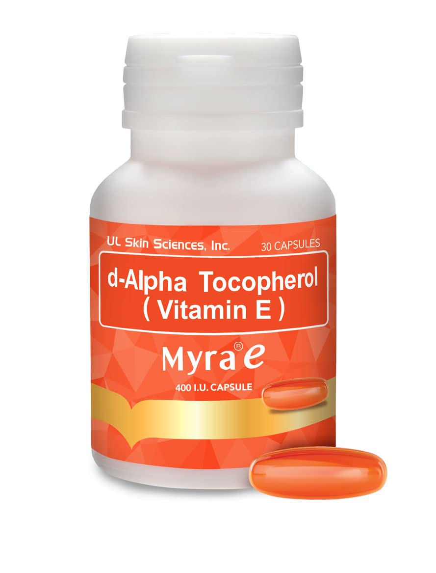 Myra E 400 IU vitamin E softgel bottle supports daily skin health.