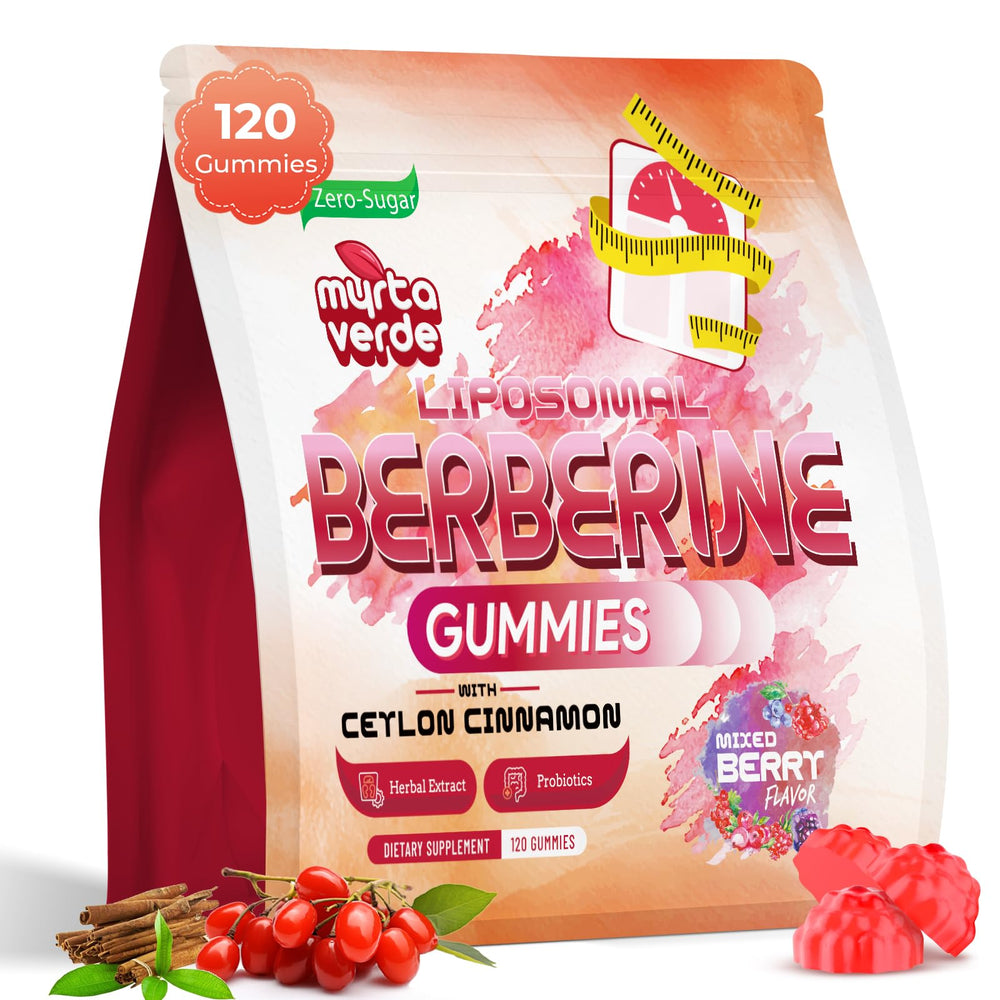 Myrtaverde Berberine Gummies bottle closeup highlighting potency and formula