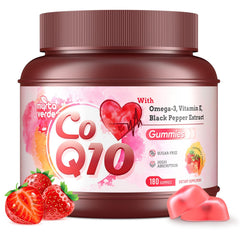 Myrtaverde CoQ10 gummies bottle with strawberry flavor for daily energy and antioxidant benefits