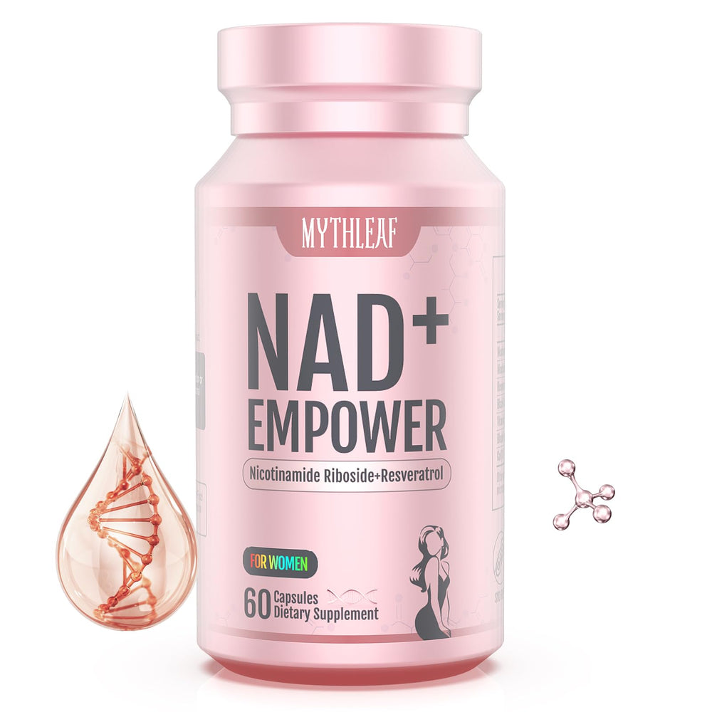 MythLeaf NAD+ bottle-rose-gold packaging for premium wellness and daily vitality.