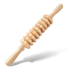 MZDXJ wooden cellulite massage roller with 9 wheels used on legs for smoother appearance