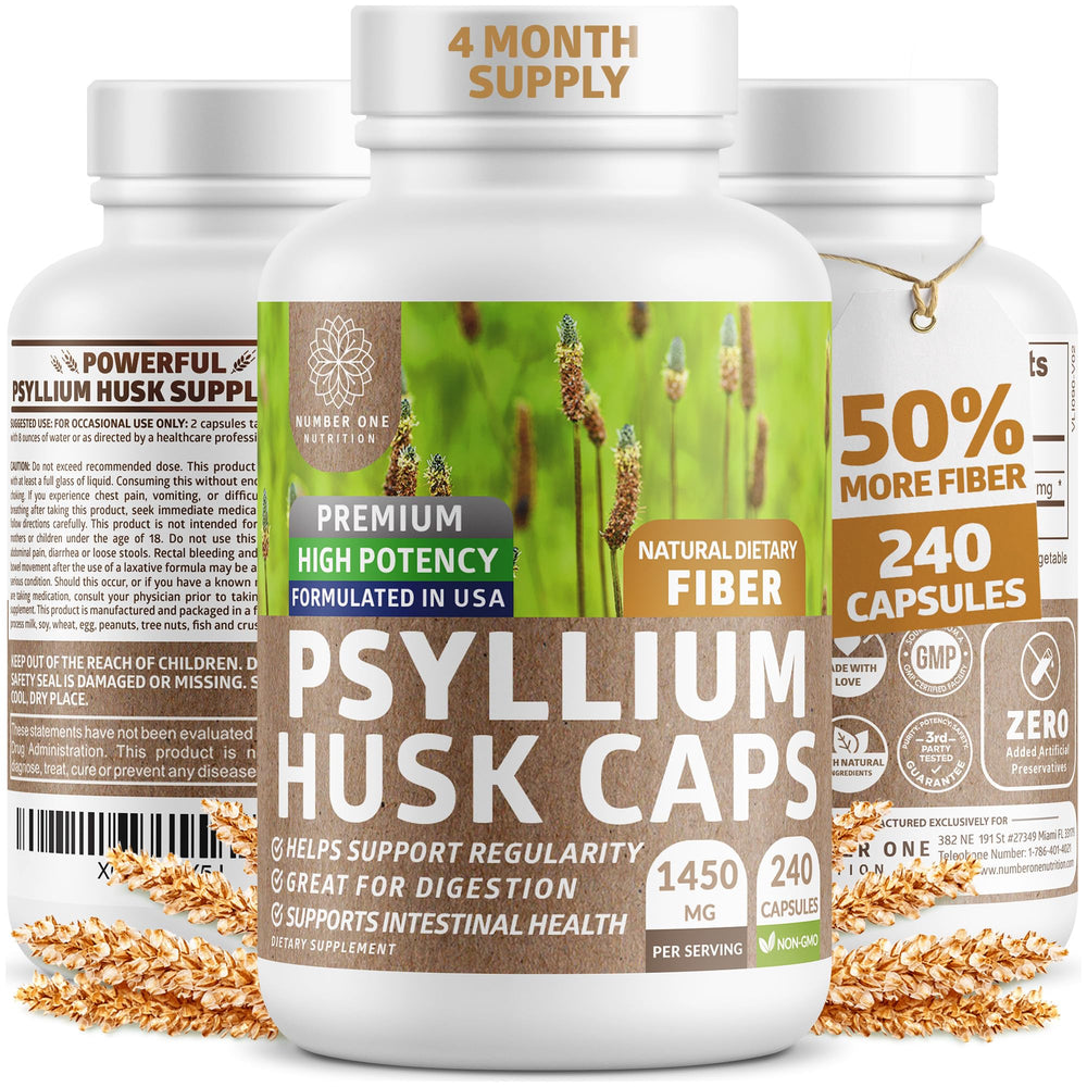 Number One Nutrition N1N Premium Psyllium Husk Capsules bottle pour supports daily fiber intake.