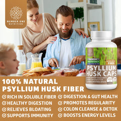 Number One Nutrition N1N Premium Psyllium Husk Capsules label shows ingredients and 1450 mg per serving.
