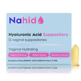 Nahid 15mg HA vaginal suppositories packaging with 12 inserts for sustained hydration.