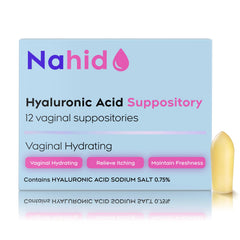 Nahid 15mg HA vaginal suppositories packaging with 12 inserts for sustained hydration.