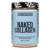 NAKED Chocolate Collagen Powder tub on shelf, daily wellness support.
