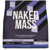 NAKED Chocolate Mass Gainer bottle and scoop ready for a protein shake