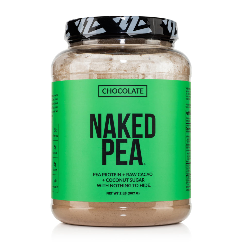 NAKED Chocolate Pea Protein tub front, a clean vegan protein option for shakes and smoothies.