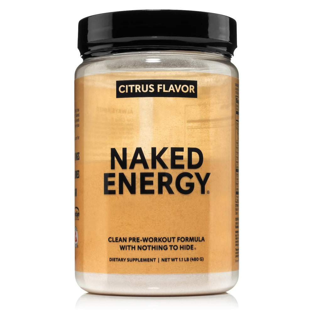 NAKED Citrus Energy powder in a jar for a clean pre-workout boost.