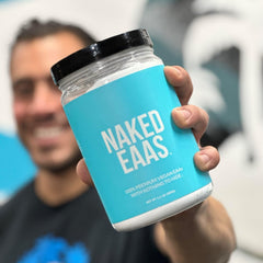 NAKED EAAs container open reveals unflavored powder suited for any shaker.