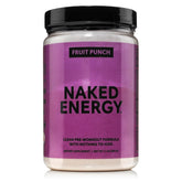NAKED Fruit Punch Energy tub front shows vegan clean pre-workout formula.