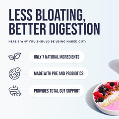 NAKED Gut powder dissolving in water for smooth digestion support.