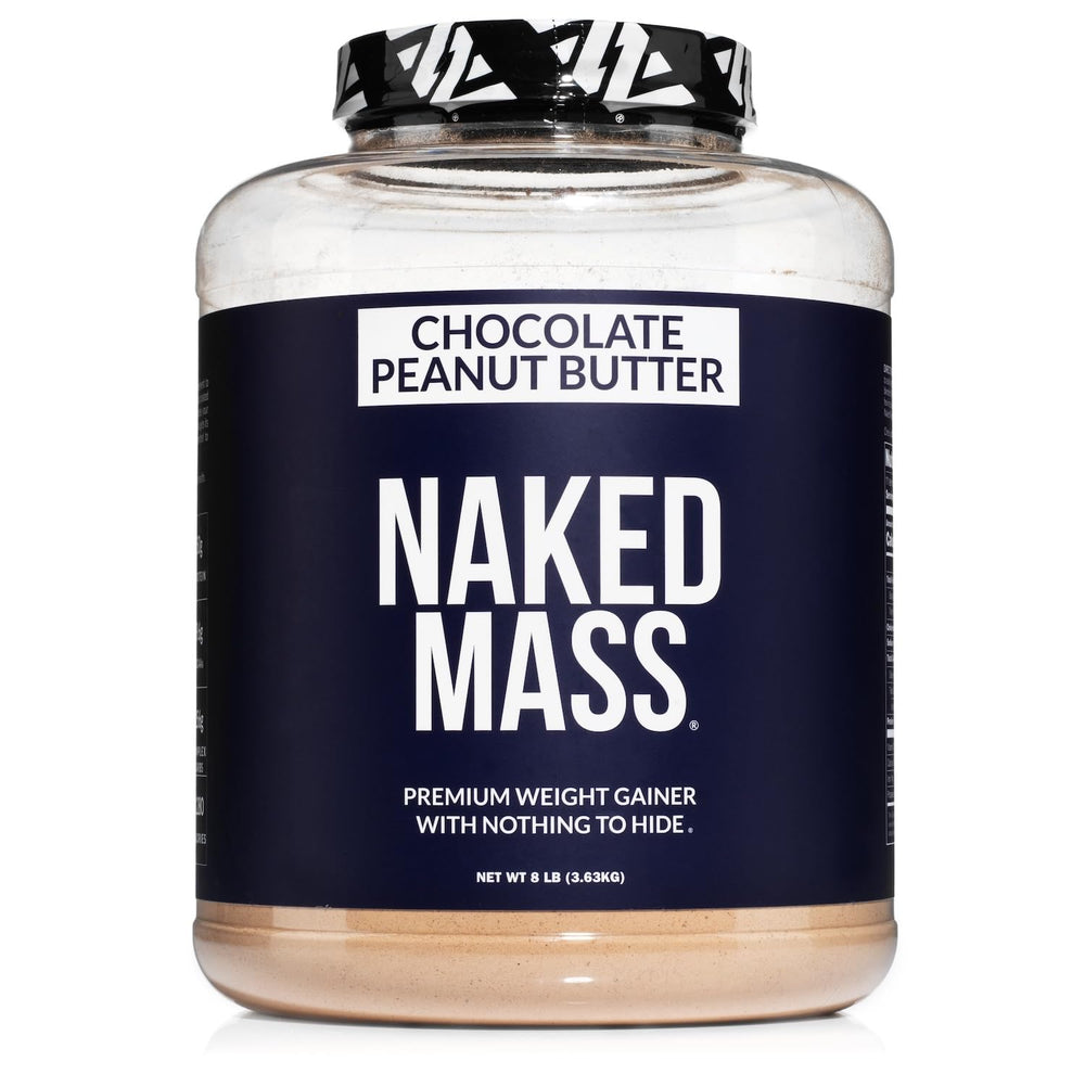 NAKED Mass chocolate peanut butter bottle pour, showcasing a nutrient-dense shake