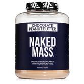 NAKED Mass chocolate peanut butter bottle pour, showcasing a nutrient-dense shake
