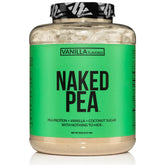 NAKED Pea Vanilla protein powder bag highlights three clean ingredients.