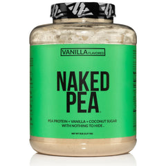NAKED Pea Vanilla protein powder bag highlights three clean ingredients.