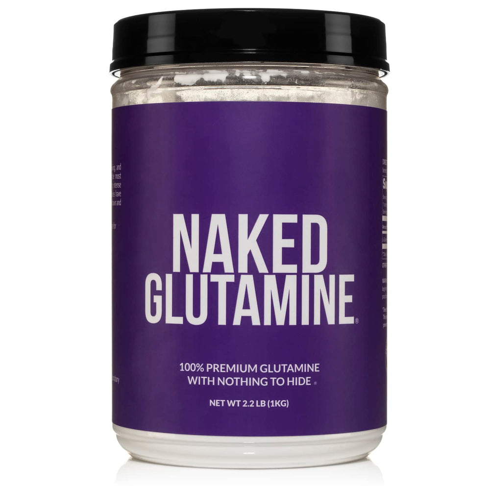 NAKED L-Glutamine bottle with additive-free formula for post-workout recovery.