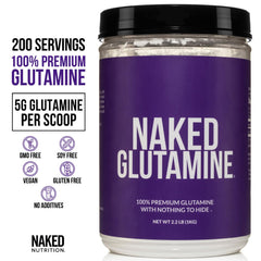 NAKED L-Glutamine scoop highlighting convenient serving for workouts.