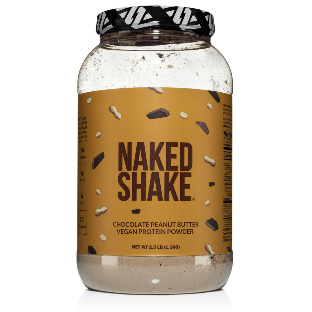 NAKED Shake chocolate peanut butter powder close-up for high-protein vegan shakes