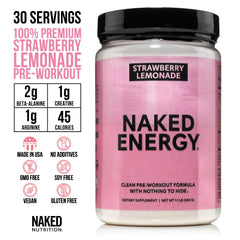 NAKED Strawberry Lemonade Energy scoop dispensing precise dose for workouts.
