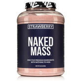 NAKED Strawberry Mass container close-up shows clean weight gain ingredients.
