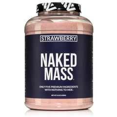 NAKED Strawberry Mass container close-up shows clean weight gain ingredients.