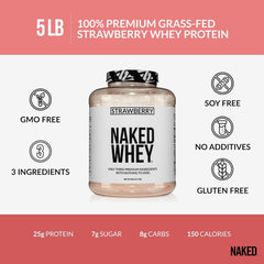 NAKED Strawberry Whey 5lb bulk packaging highlighting GMO free and allergen friendly