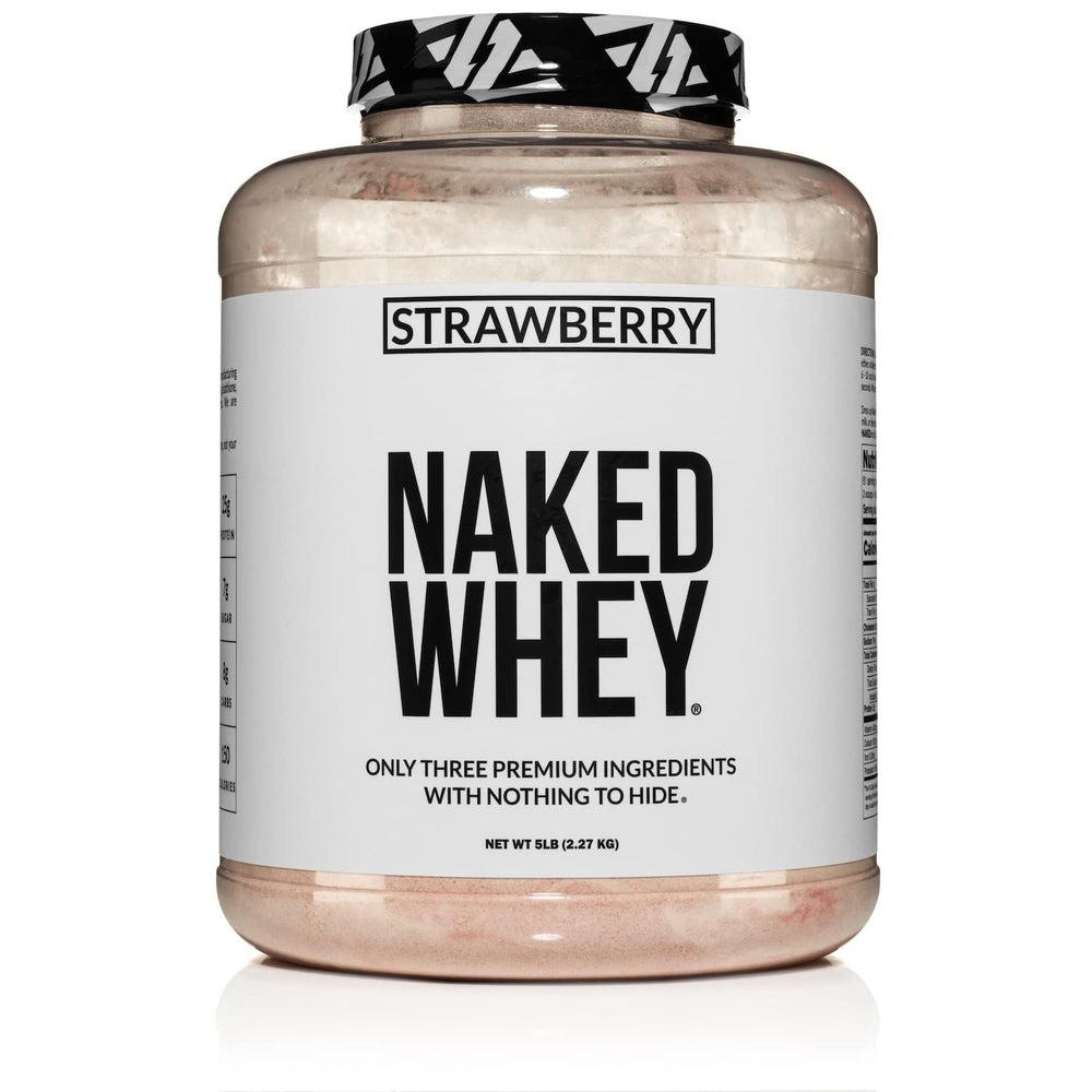 NAKED Strawberry Whey Protein powder with scoop showing clean three-ingredient formula for post-workout recovery