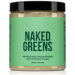 NAKED Super Greens powder tub label highlighting organic greens blend for daily vitality